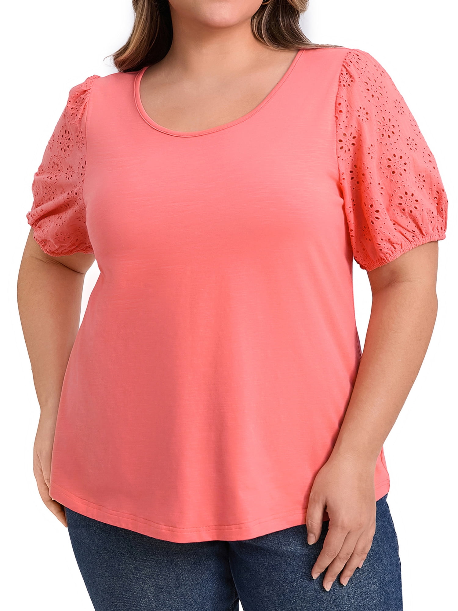 DARING DIVA Women's Plus Crew Neck Embroidered Short Sleeve Blouse 1X Coral Red