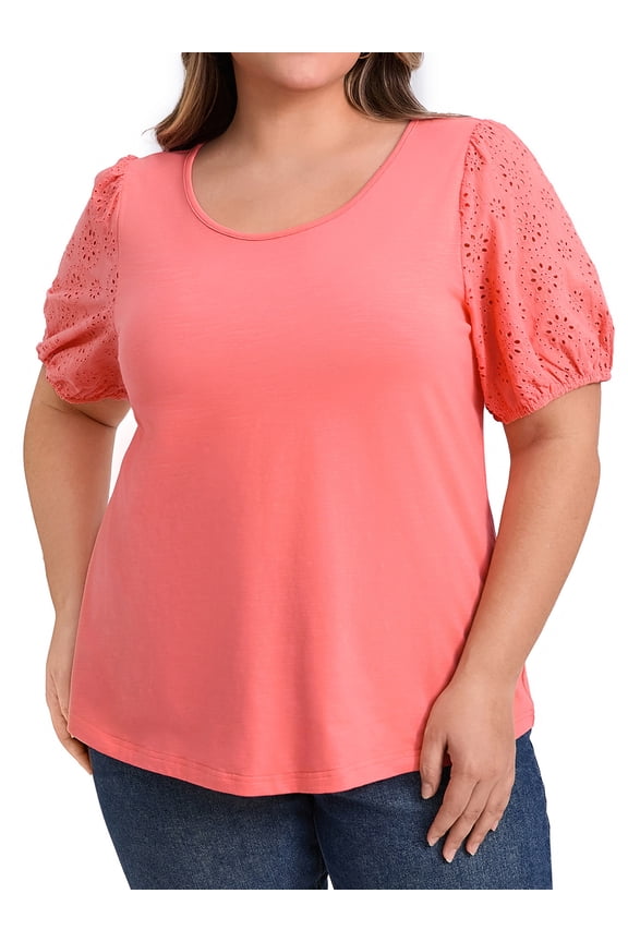 Women's Plus Crew Neck Embroidered Short Sleeve Blouse 2X Coral Red