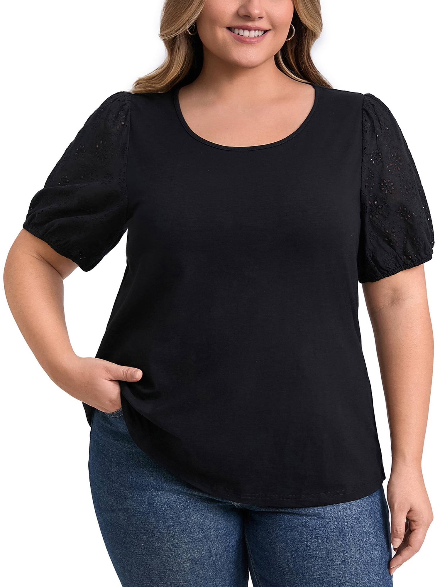 DARING DIVA Women's Plus Crew Neck Embroidered Short Sleeve Blouse 4X Black