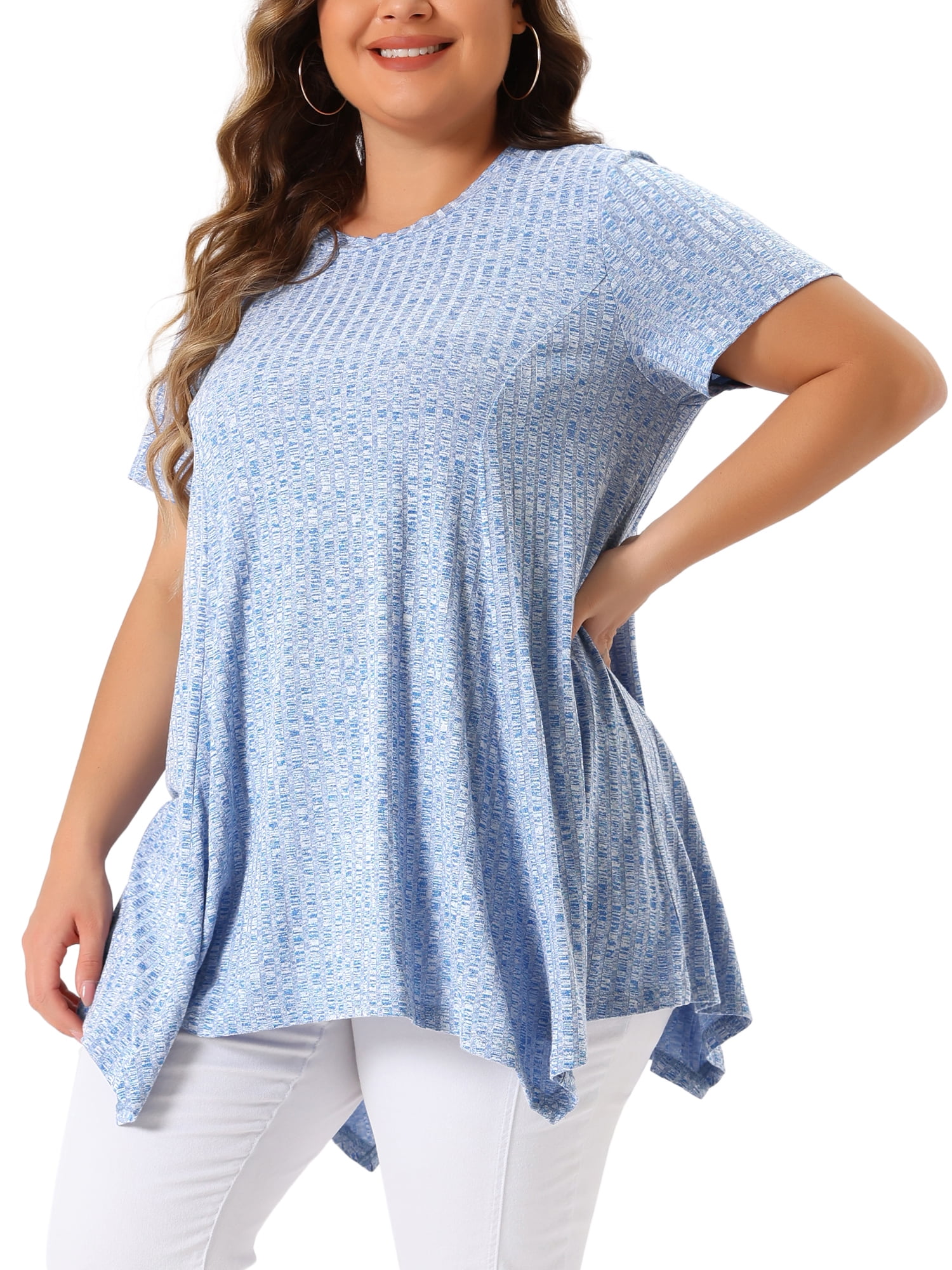 DARING DIVA Women's Plus Crew Neck Flowy Swing Loose Tunic Tops 1X Blue