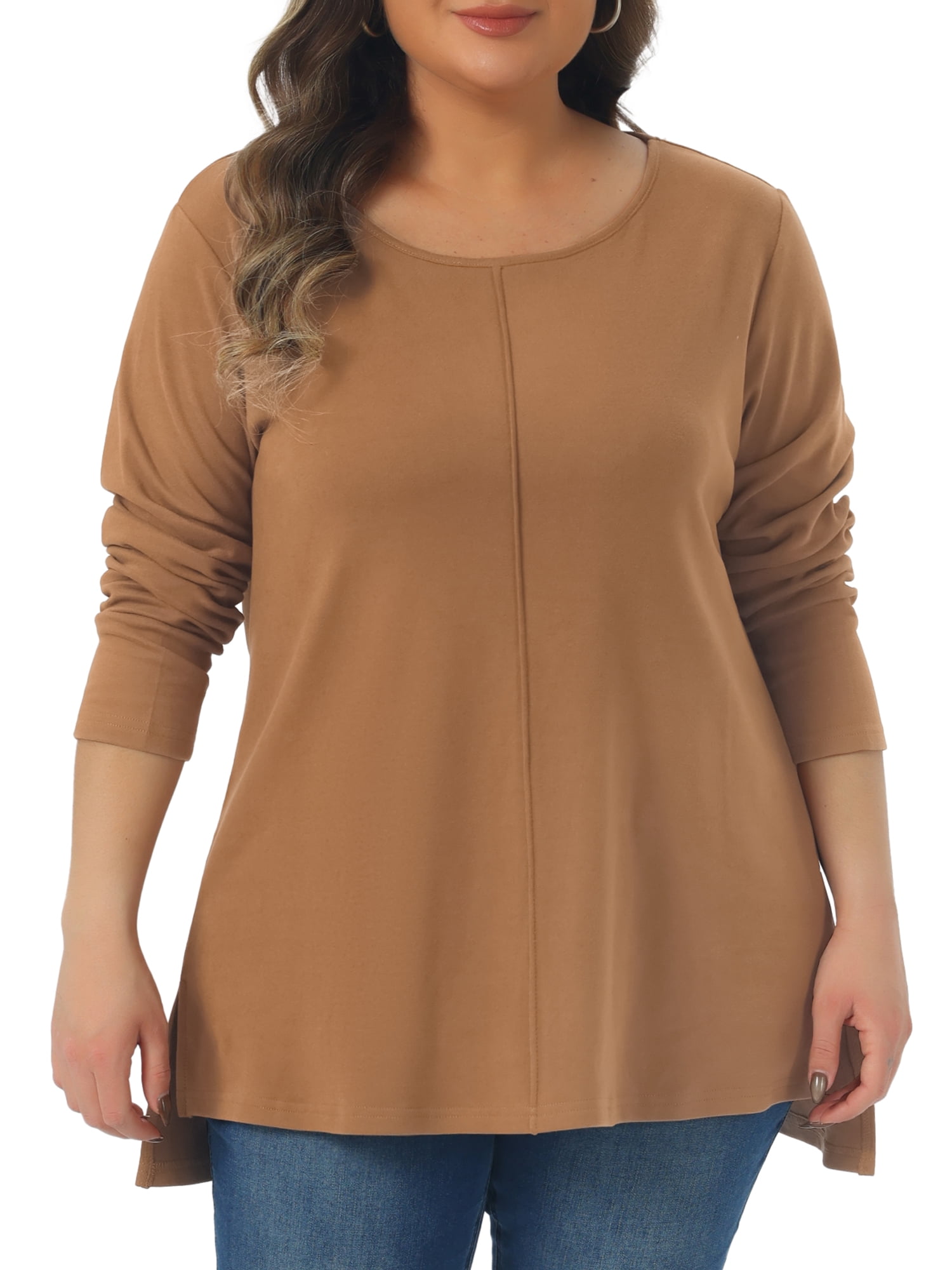 DARING DIVA Women's Plus Crew Neck High Low Hem Blouse 4X Brown