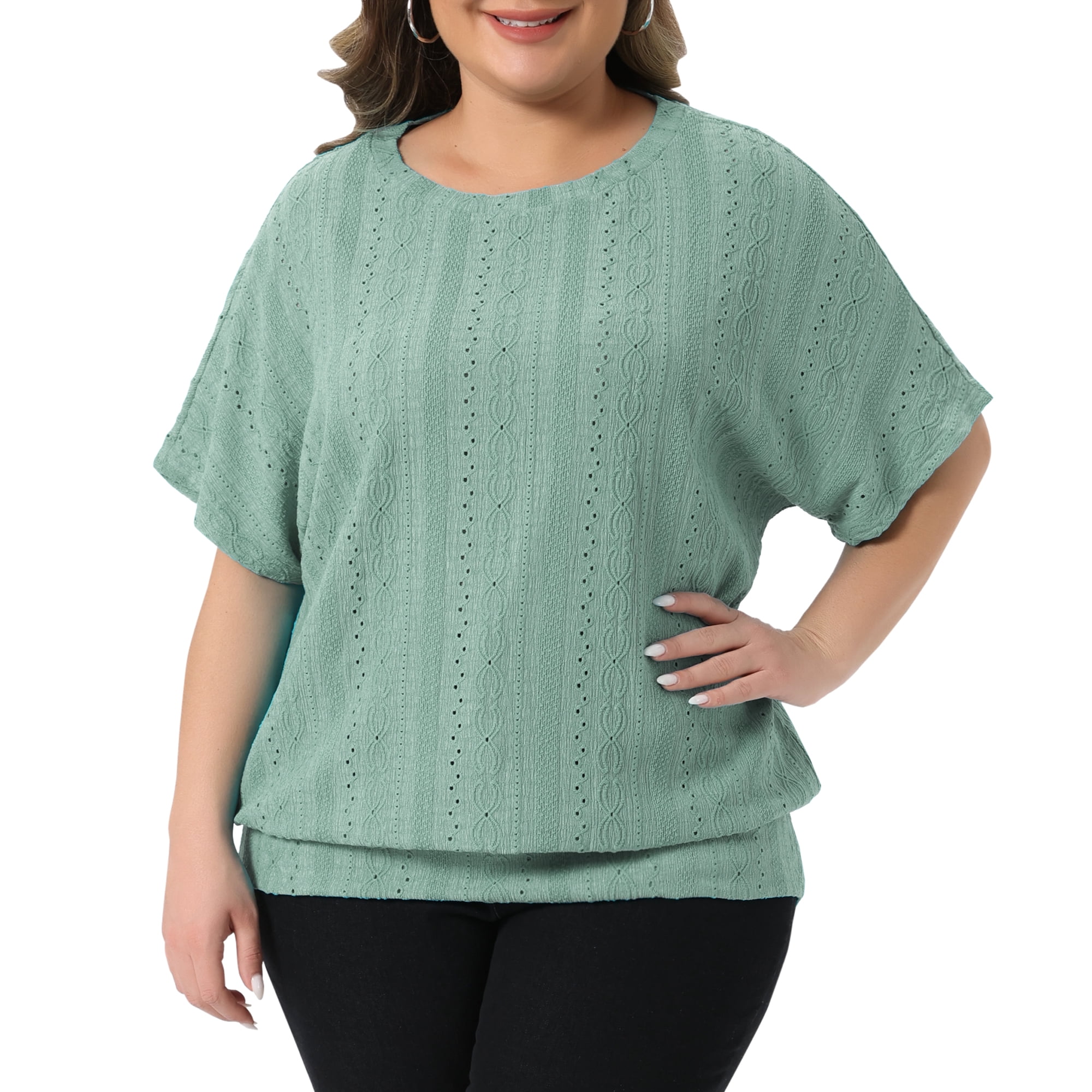 DARING DIVA Women's Plus Crew Neck Hollow Short Sleeve T Shirt 3X Green