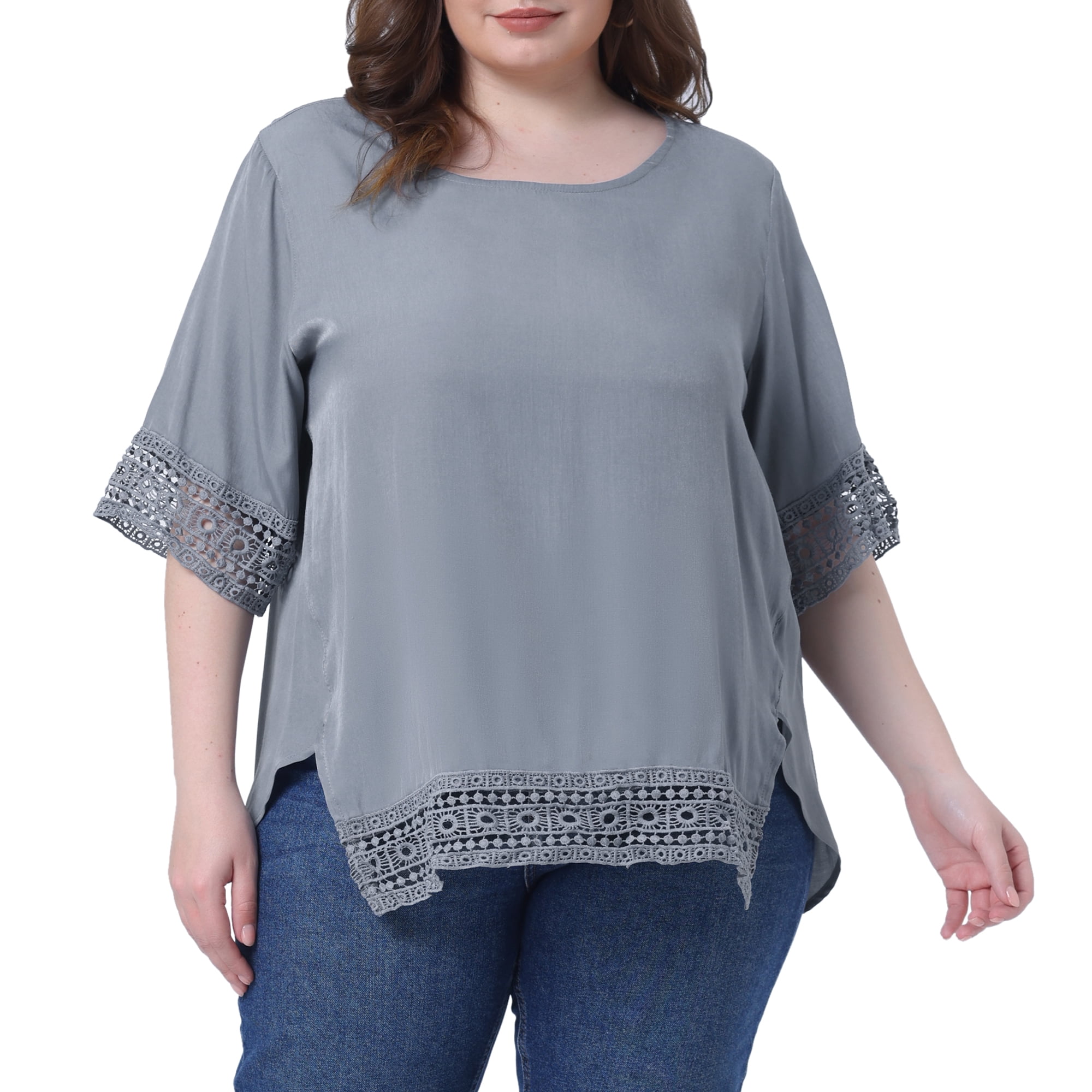 Women's Plus Summer Tops Lace Crochet Short Sleeve Casual Blouses 1X Light Gray