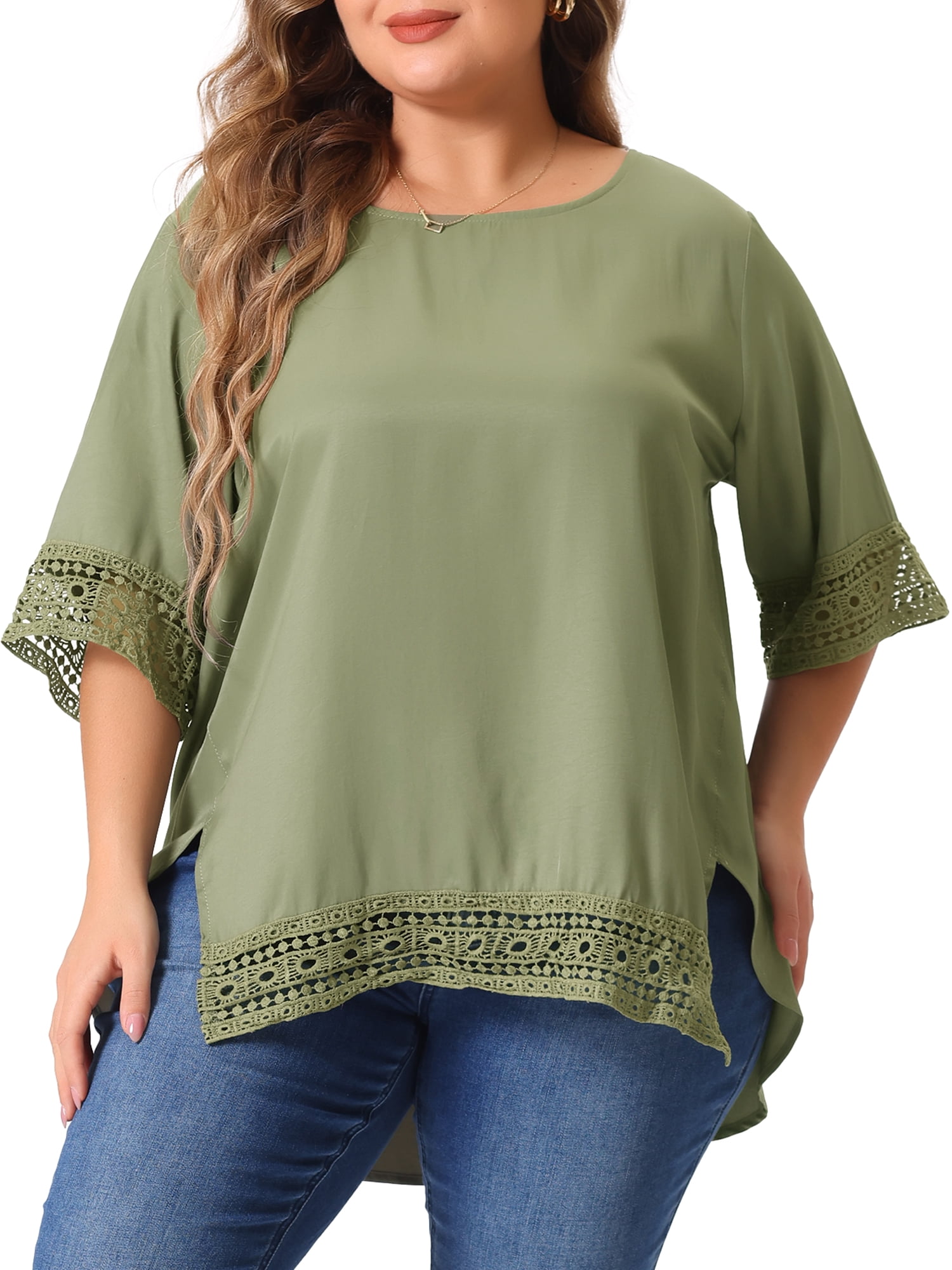 Women's Plus Summer Tops Lace Crochet Short Sleeve Casual Blouses 4X Army Green