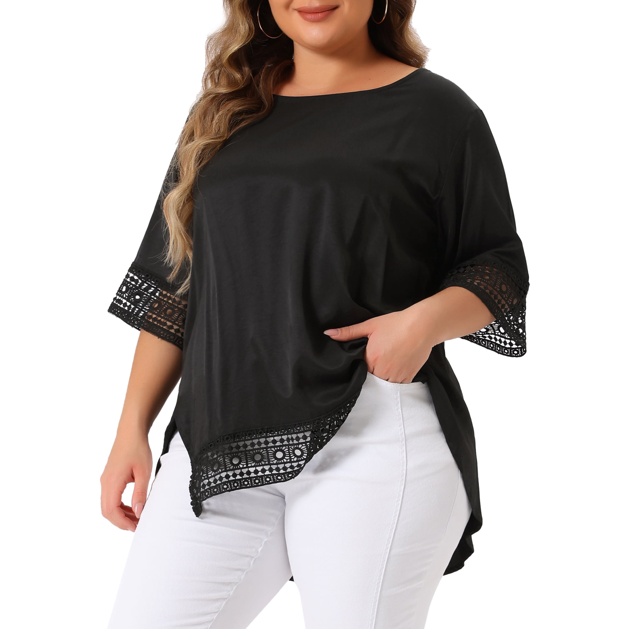 Women's Plus Summer Tops Lace Crochet Short Sleeve Casual Blouses 4X Black
