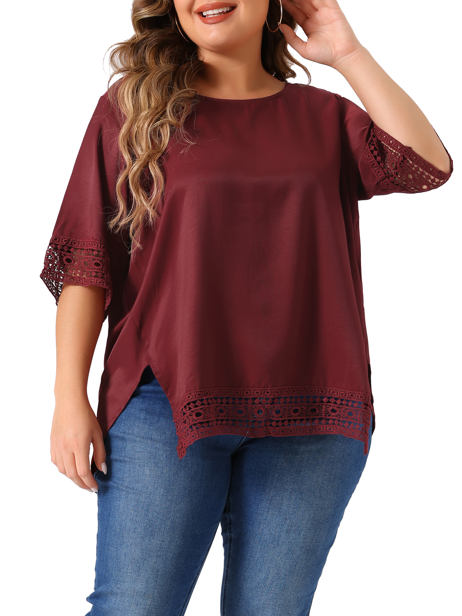 Women's Plus Summer Tops Lace Crochet Short Sleeve Casual Blouses 4X Burgundy