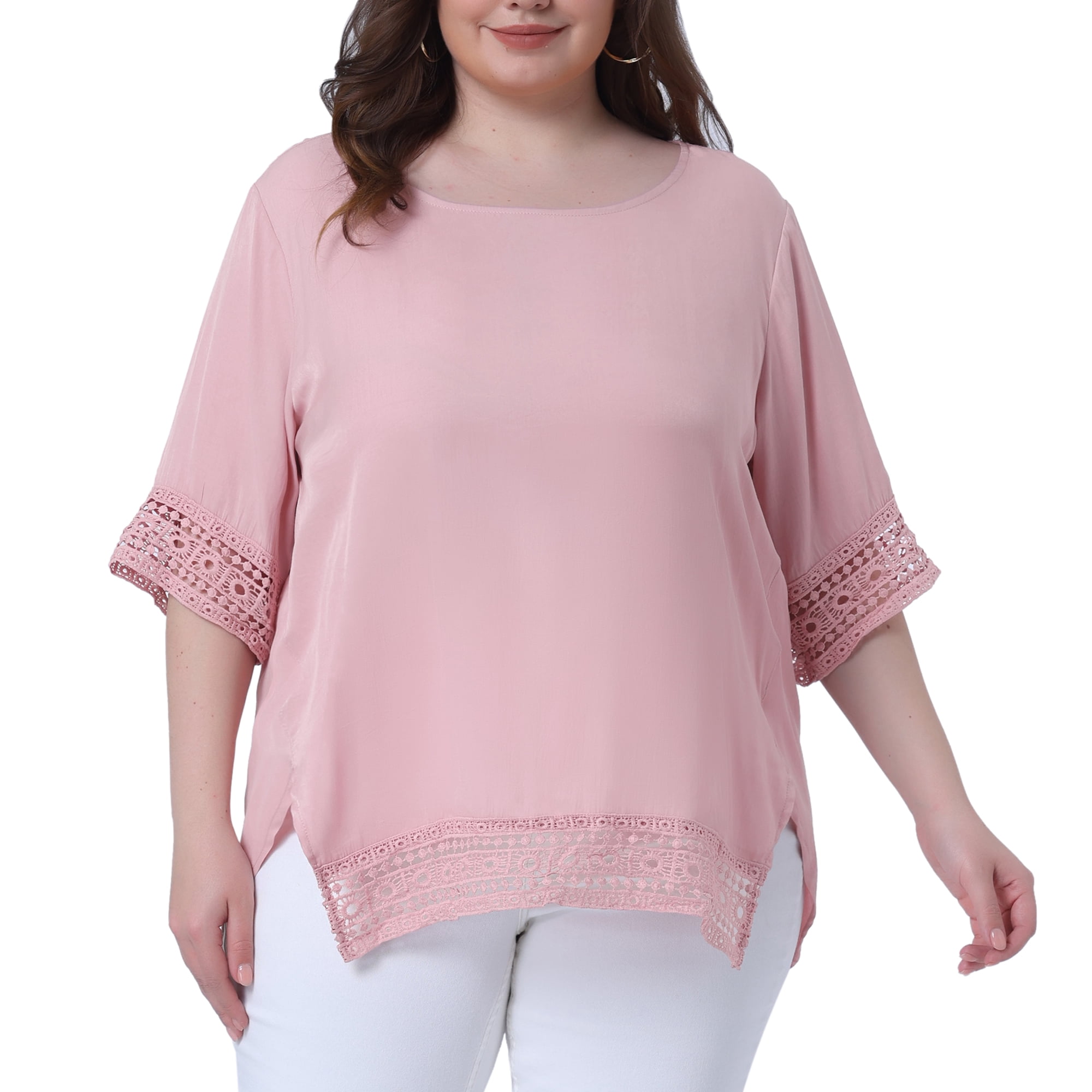 Women's Plus Summer Tops Lace Crochet Short Sleeve Casual Blouses 4X Light Pink