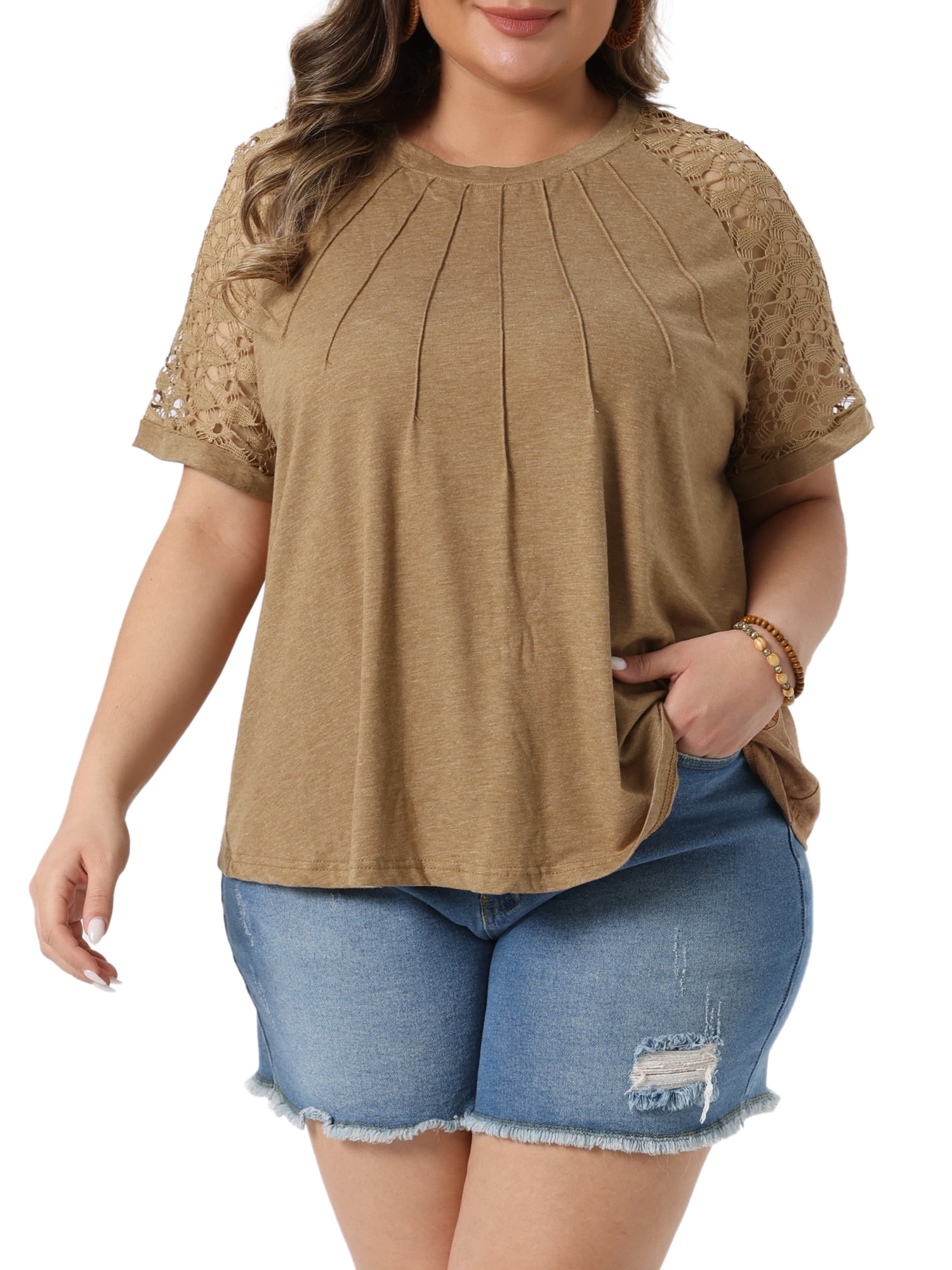DARING DIVA Women's Plus Crew Neck Lace Dressy Casual Blouse Tunic Shirts 1X Camel