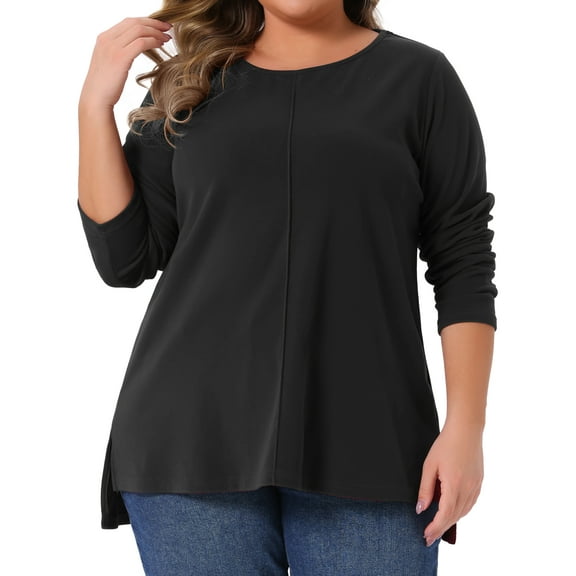DARING DIVA Women's Plus Crew Neck Long Sleeve High Low Hem Blouse 2X Black