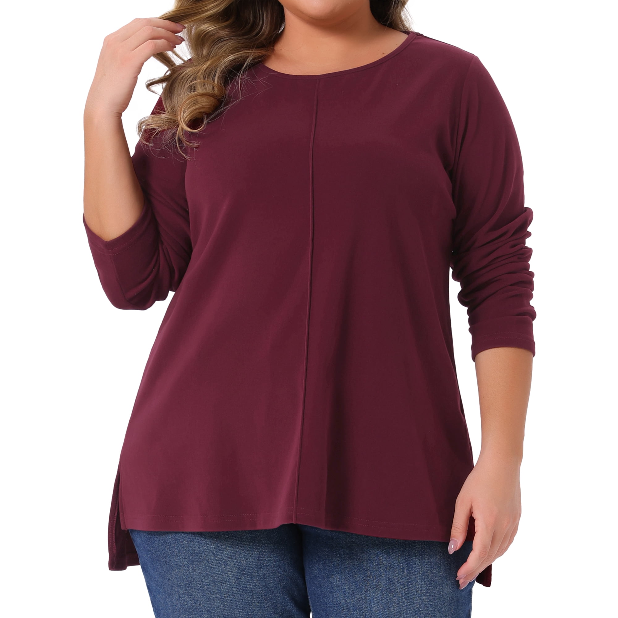 DARING DIVA Women's Plus Crew Neck High Low Hem Blouse 3X Burgundy