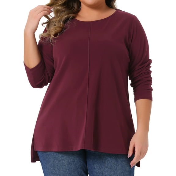 DARING DIVA Women's Plus Crew Neck Long Sleeve High Low Hem Blouse 3X Burgundy