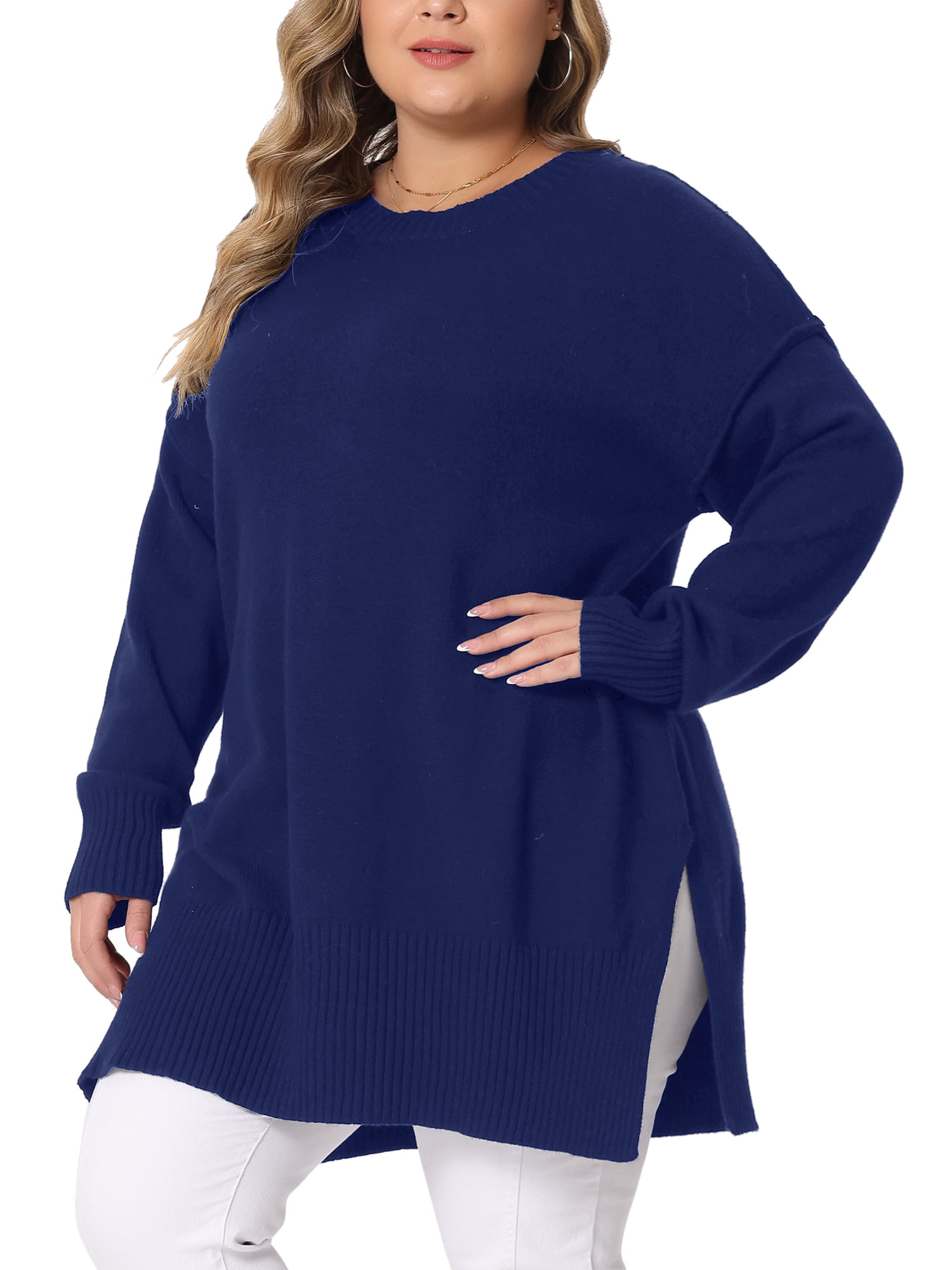 DARING DIVA Women's Plus Crew Neck Long Sleeve Slit Hem Pullover Sweater 3X Blue