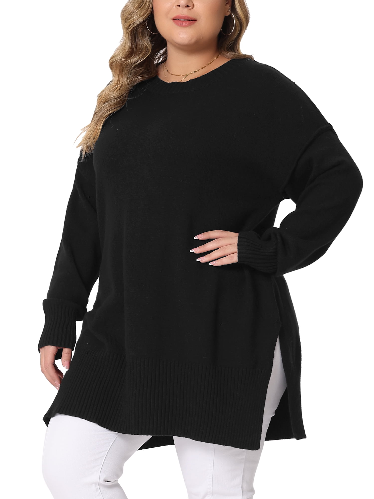 DARING DIVA Women's Plus Crew Neck Long Sleeve Slit Hem Pullover Sweater L Black