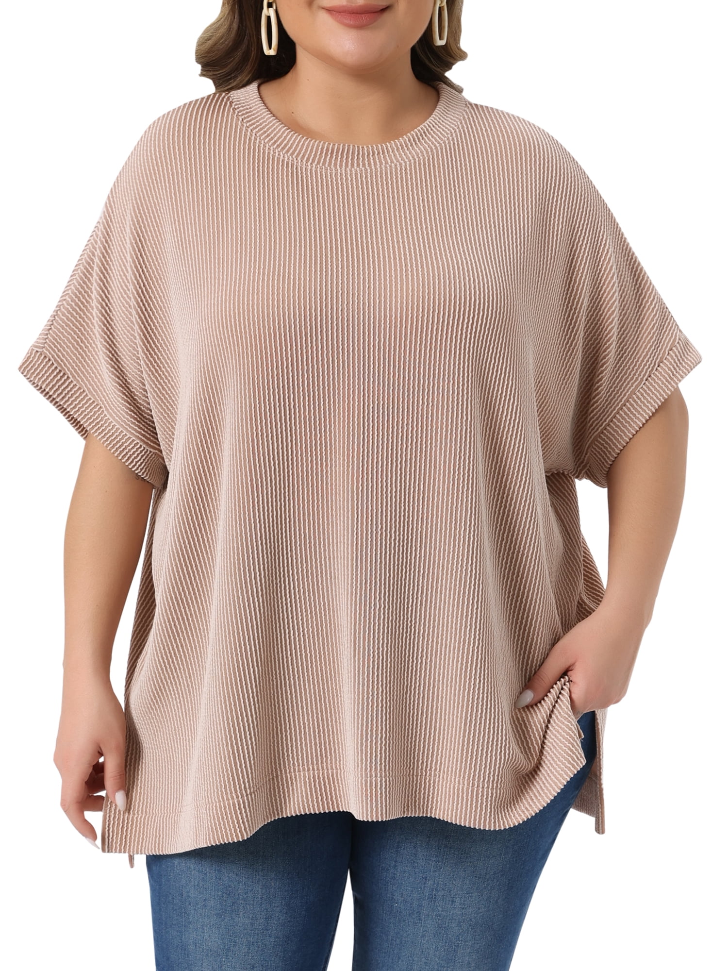 DARING DIVA Women's Plus Crew Neck Loose Fit Striped Summer Blouse 1X Khaki