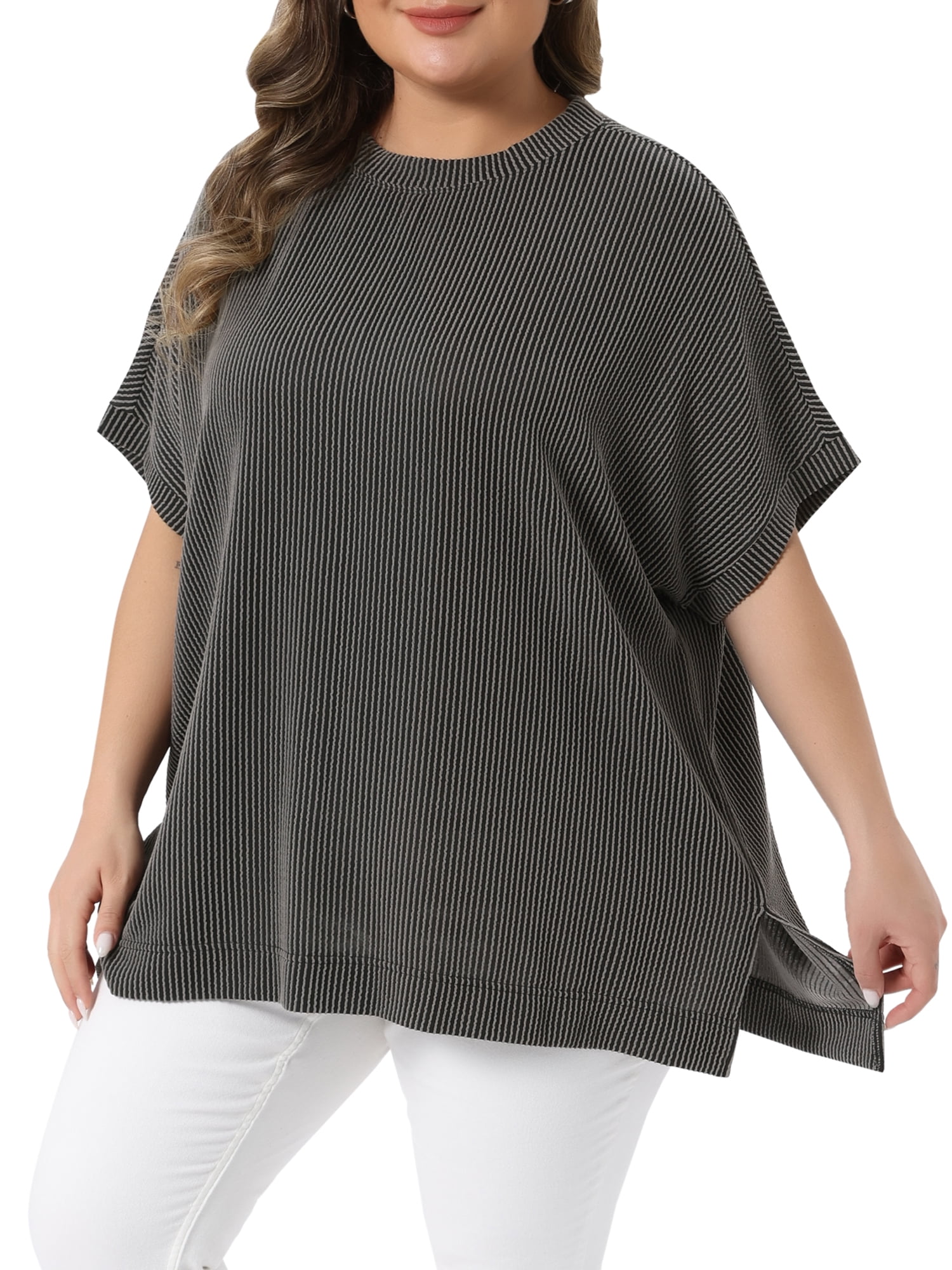 DARING DIVA Women's Plus Crew Neck Loose Fit Striped Summer Blouse 2X Black