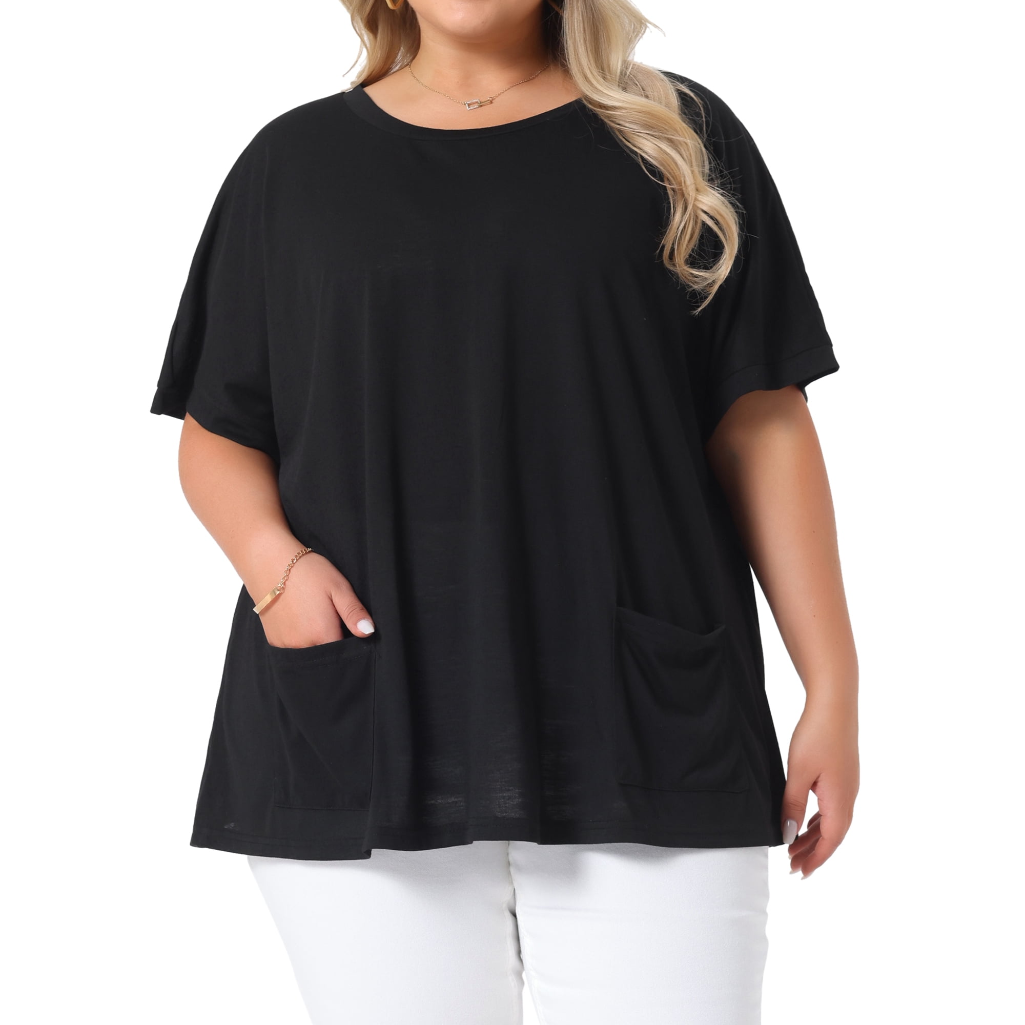 DARING DIVA Women's Plus Crew Neck Loose Fit T Shirt with Pocket Casual 1X Black