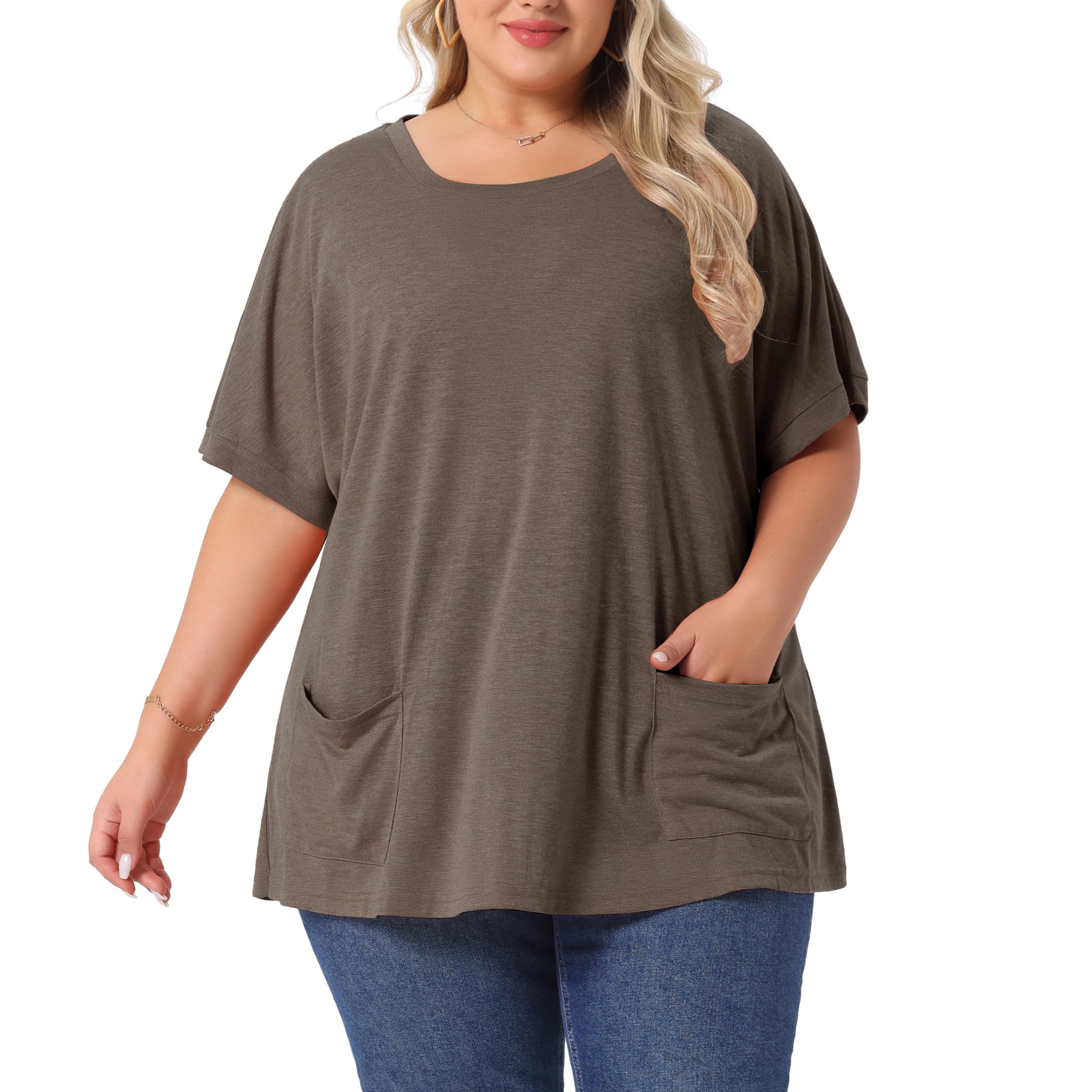 DARING DIVA Women's Plus Crew Neck Loose Fit T Shirt with Pocket Casual 1X Coffee