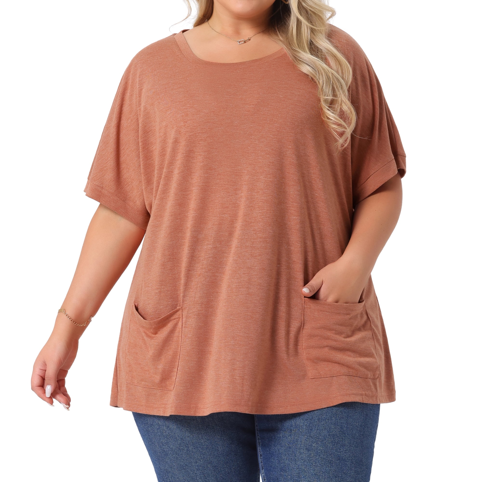 DARING DIVA Women's Plus Crew Neck Loose Fit T Shirt with Pocket Casual 2X Brick Red
