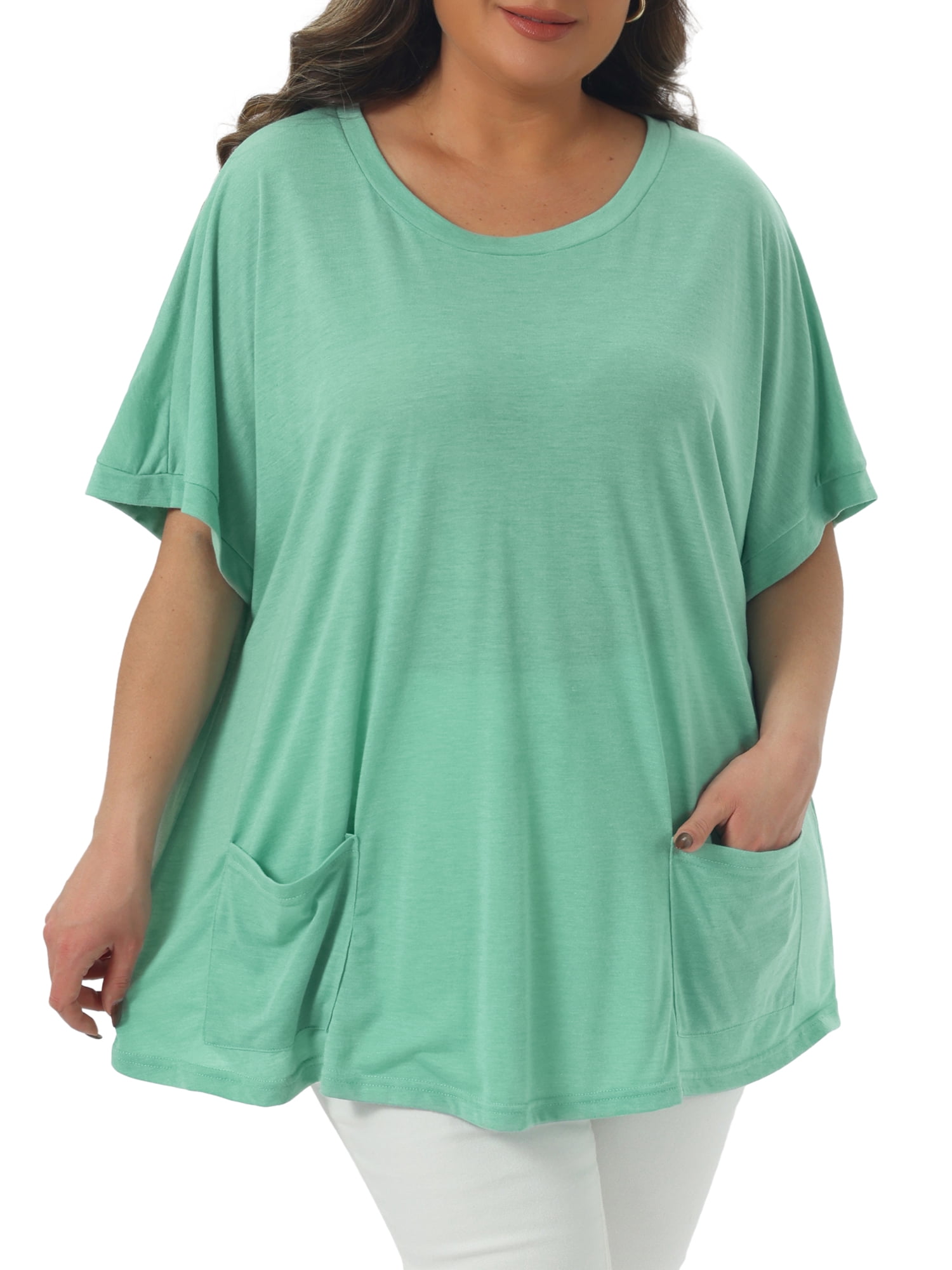 DARING DIVA Women's Plus Crew Neck Loose Fit T Shirt with Pocket Casual 2X Light Green