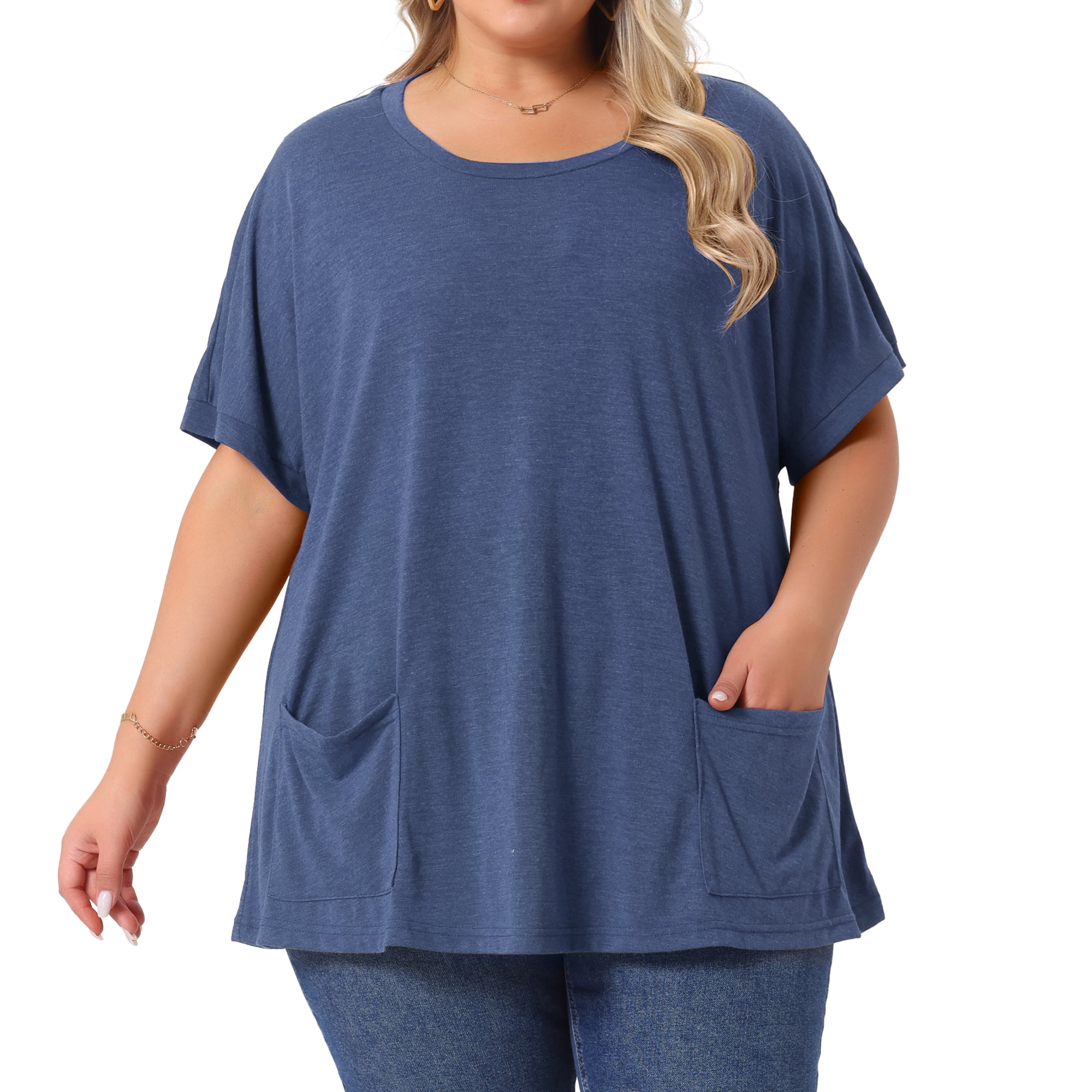 DARING DIVA Women's Plus Crew Neck Loose Fit T Shirt with Pocket Casual 2X Navy Blue