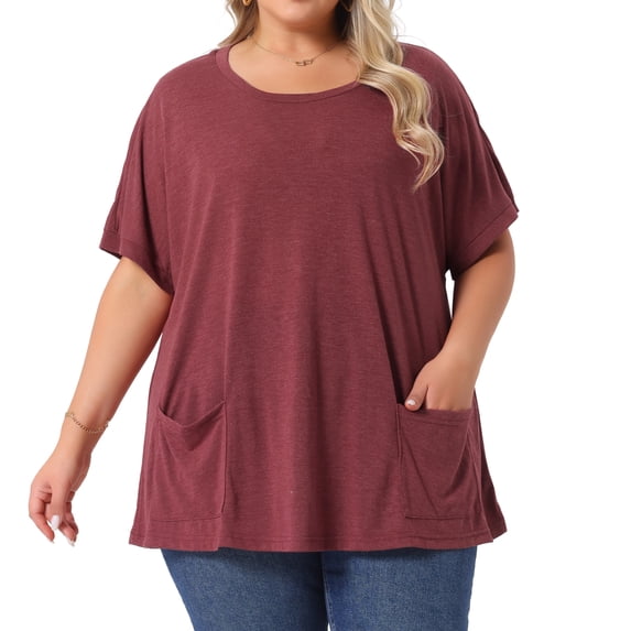 DARING DIVA Women's Plus Crew Neck Loose Fit T Shirt with Pocket Casual 3X Burgundy
