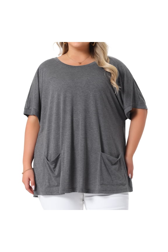 Women's Plus Crew Neck Loose Fit T Shirt with Pocket Casual 3X Grey
