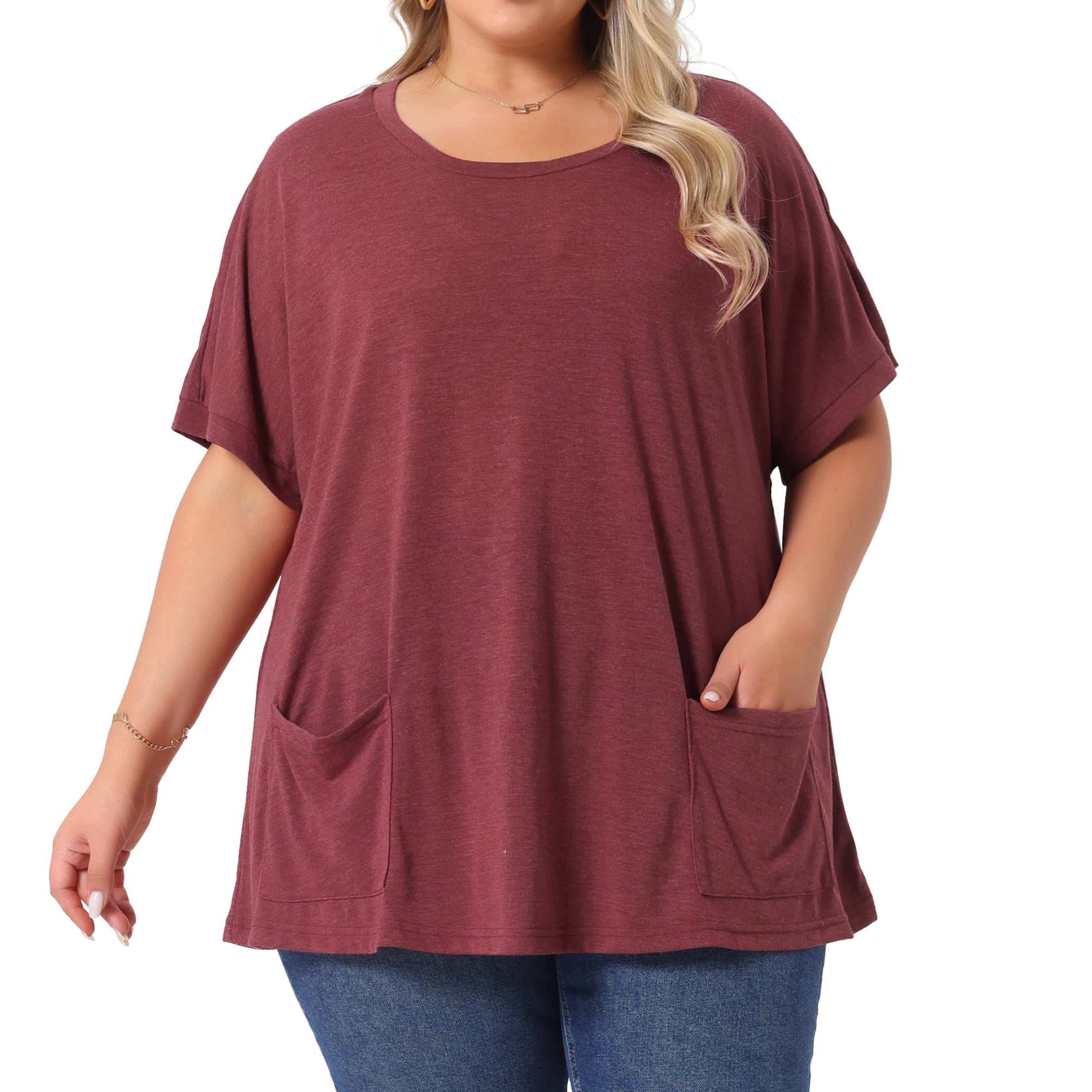 DARING DIVA Women's Plus Crew Neck Loose Fit T Shirt with Pocket Casual 4X Burgundy