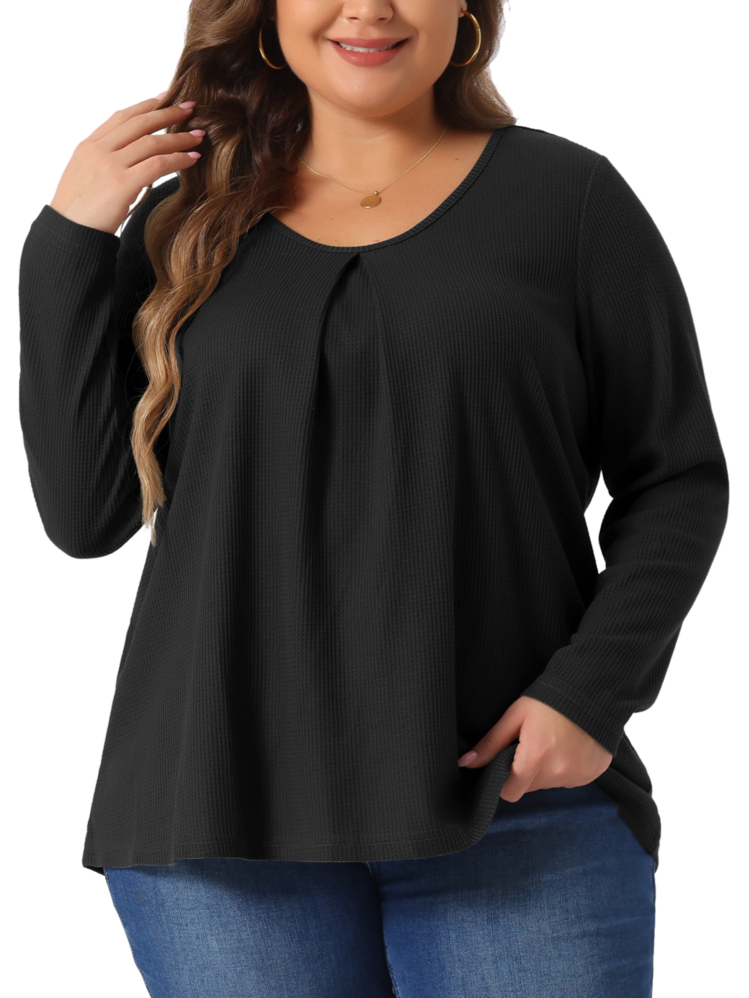 DARING DIVA Women's Plus Crew Neck Pleat Front Long Sleeve Top 3X Black