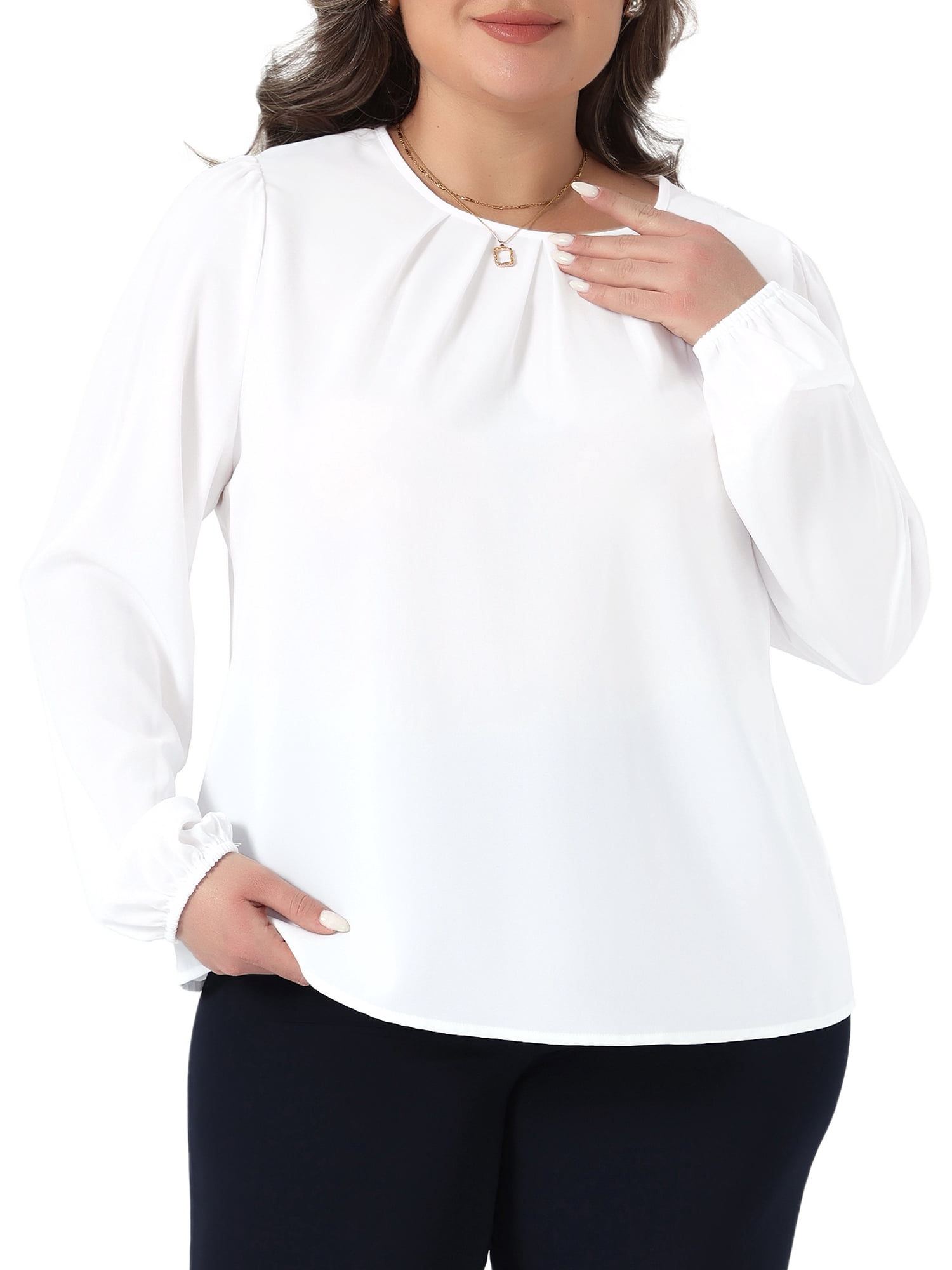 DARING DIVA Women's Plus Crew Neck Pleated Blouse 4X White