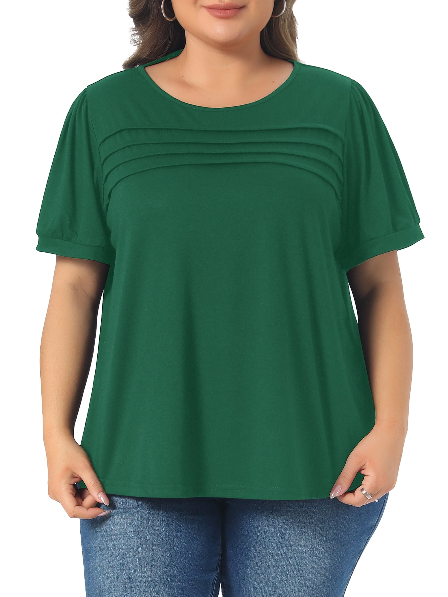 DARING DIVA Women's Plus  Crew Neck Pleated Casual Crew Neck Tunic Blouse 4X Dark Green
