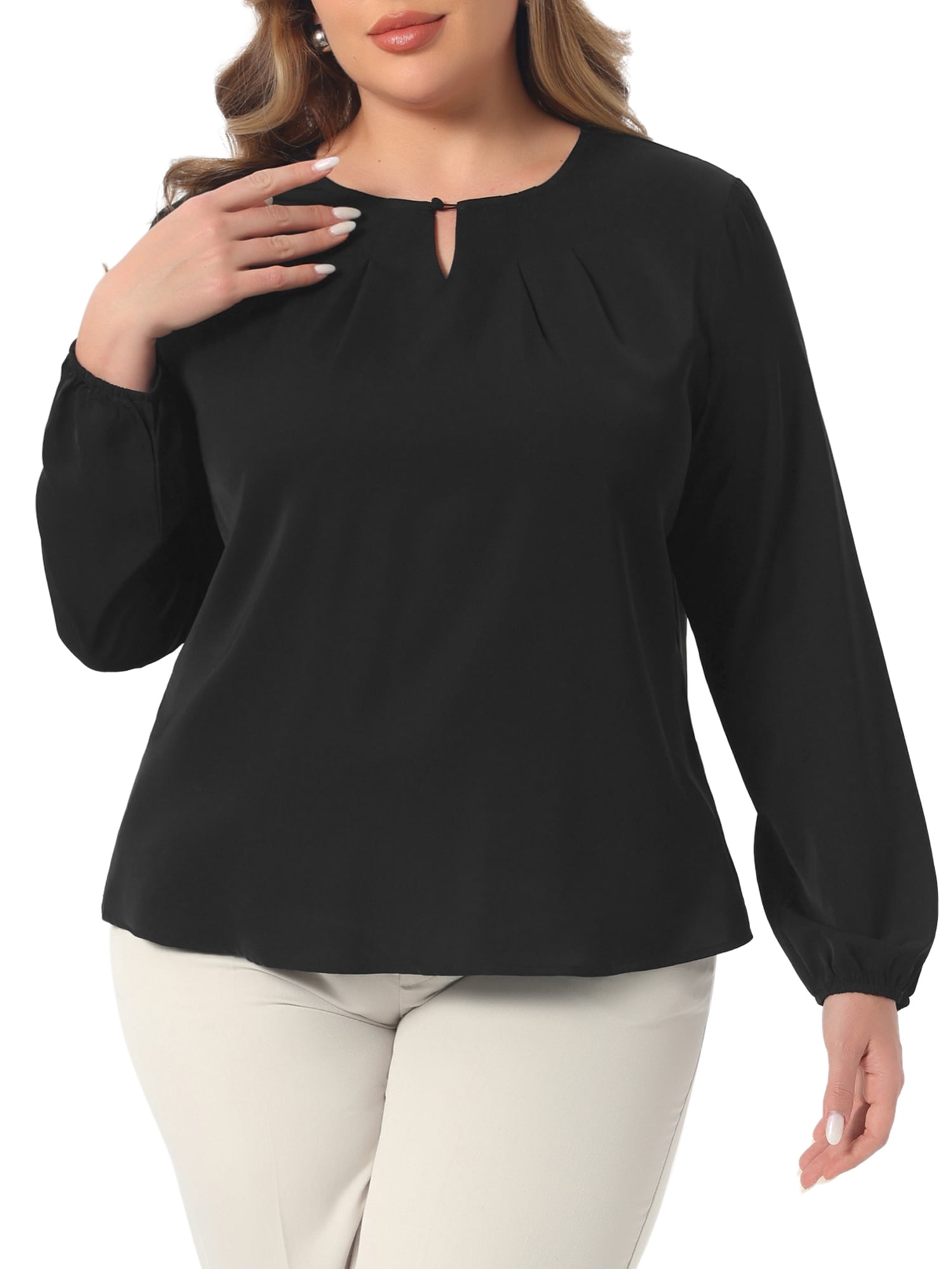 DARING DIVA Women's Plus Crew Neck Pleated Chiffon Blouse 2X Black