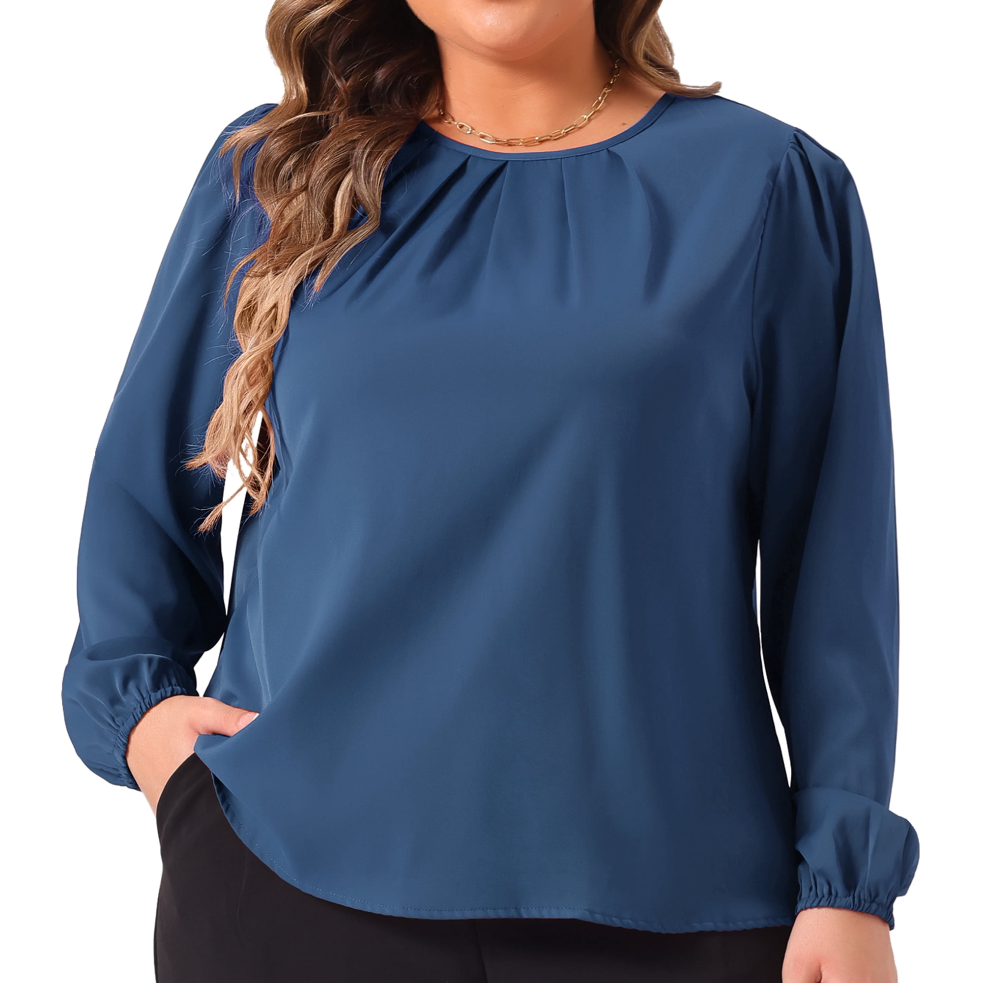 DARING DIVA Women's Plus Crew Neck Pleated Blouse 1X Blue