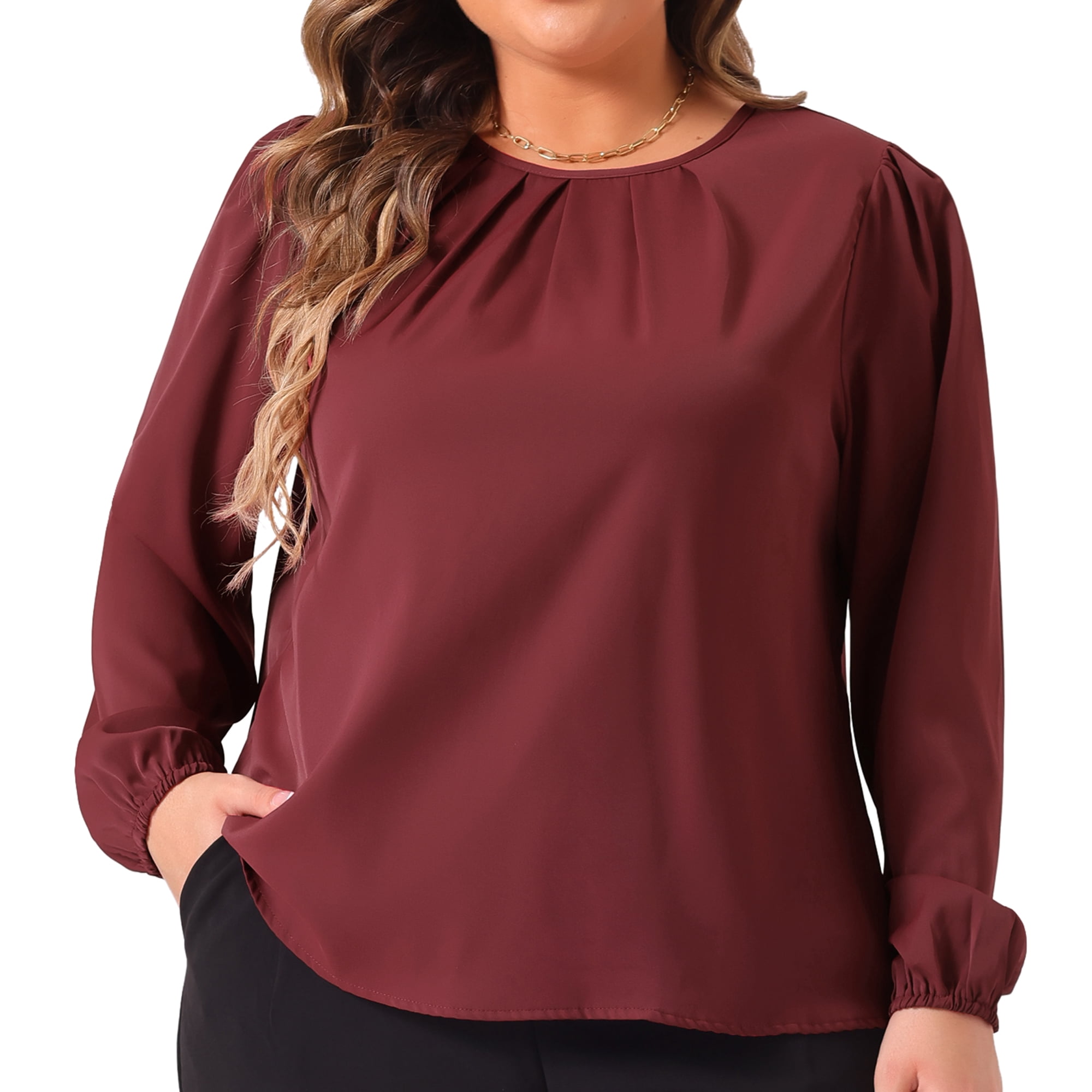 DARING DIVA Women's Plus Crew Neck Pleated Blouse 3X Burgundy