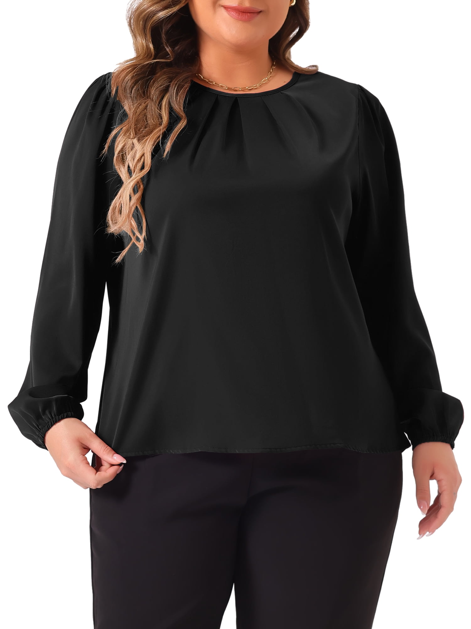 DARING DIVA Women's Plus Crew Neck Pleated Blouse 4X Black