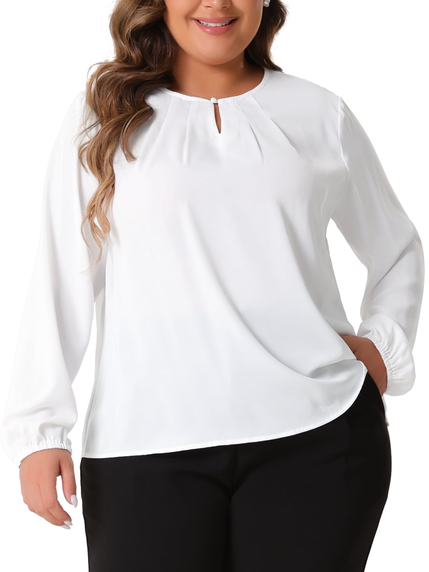 DARING DIVA Women's Plus Crew Neck Pleated Chiffon Blouse 4X White