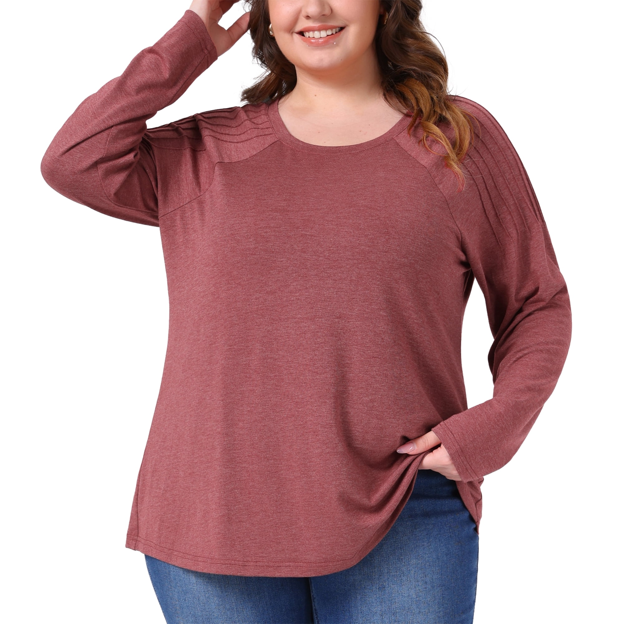 Women's Plus Top Long Sleeve Crew Neck Pleated Shirts Loose Fit Tunic Tops 1X Red
