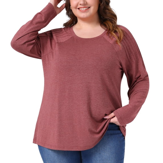 Women's Plus Top Long Sleeve Crew Neck Pleated Shirts Loose Fit Tunic Tops 1X Red