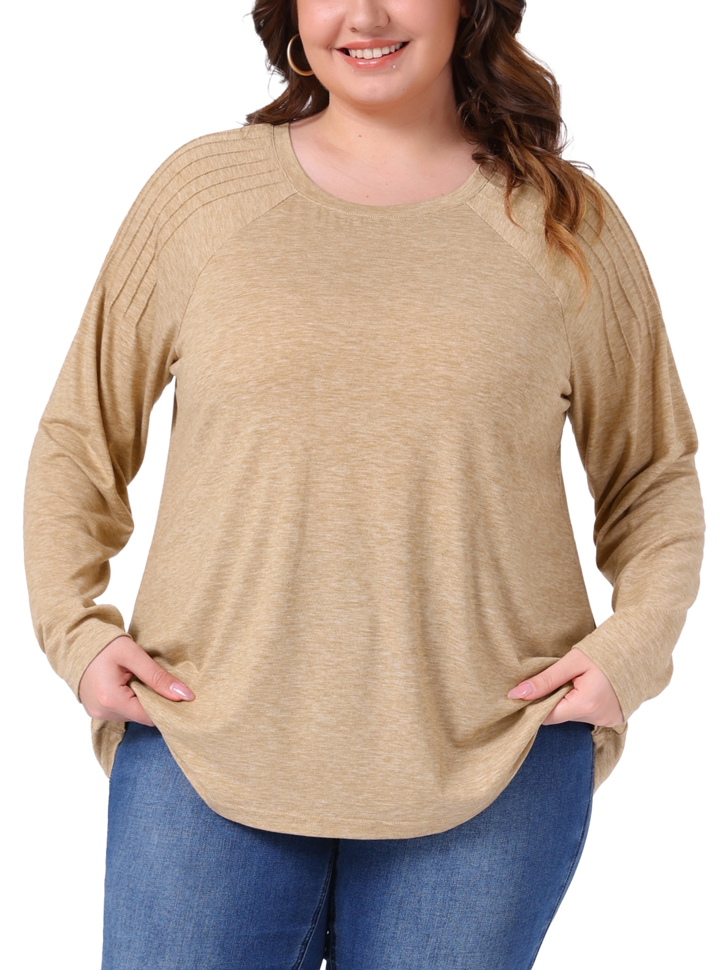 Women's Plus Top Long Sleeve Crew Neck Pleated Shirts Loose Fit Tunic Tops 4X Khaki
