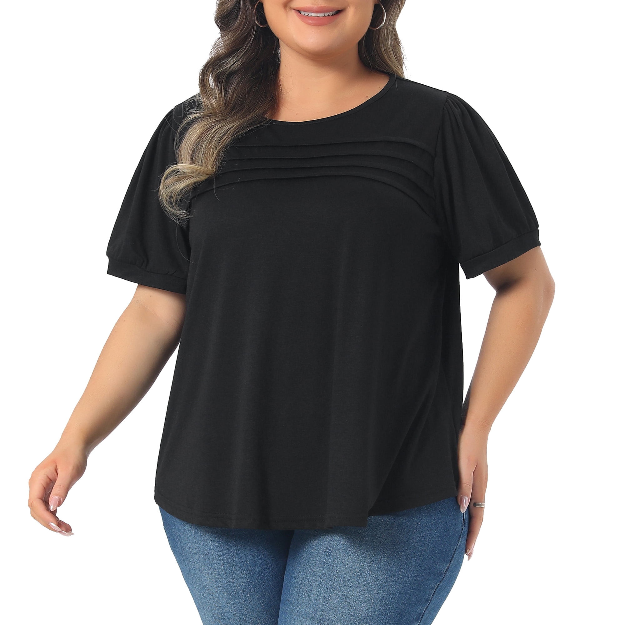 Women's Plus Short Sleeve Crew Neck Pleated Casual Tunic Blouse 1X Black
