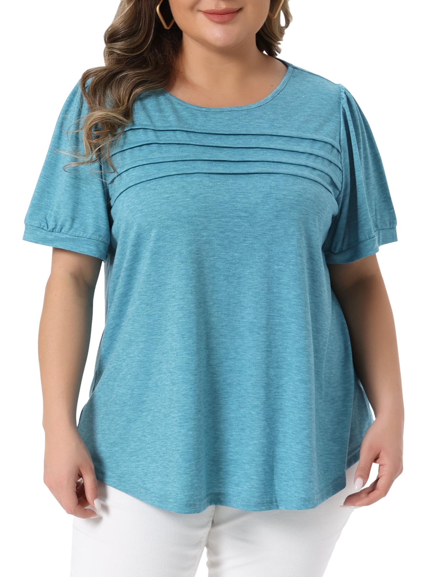 Women's Plus Short Sleeve Crew Neck Pleated Casual Tunic Blouse 4X Lake Blue