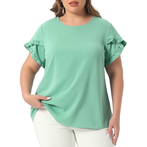 DARING DIVA Women's Plus Crew Neck Ruffle Blouse 1X Light Green