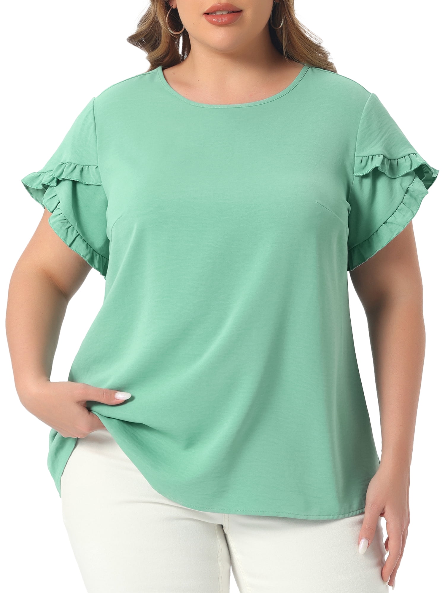 DARING DIVA Women's Plus Crew Neck Ruffle Blouse 3X Light Green