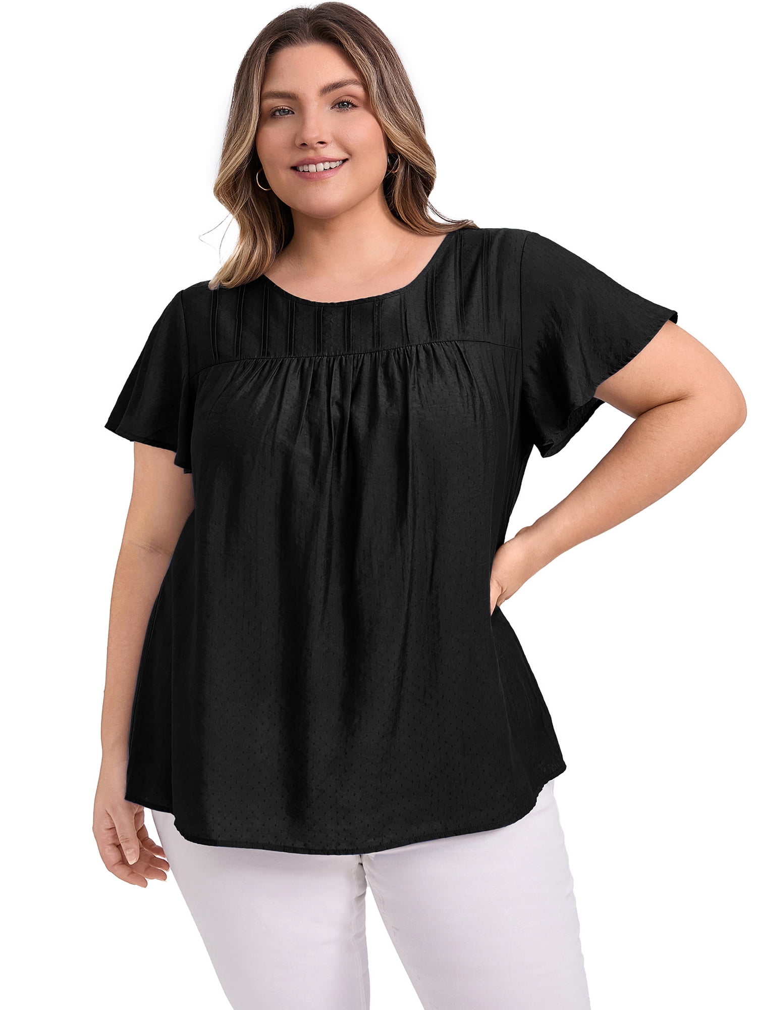 DARING DIVA Women's Plus Crew Neck Ruffle Casual Blouse 2X Black