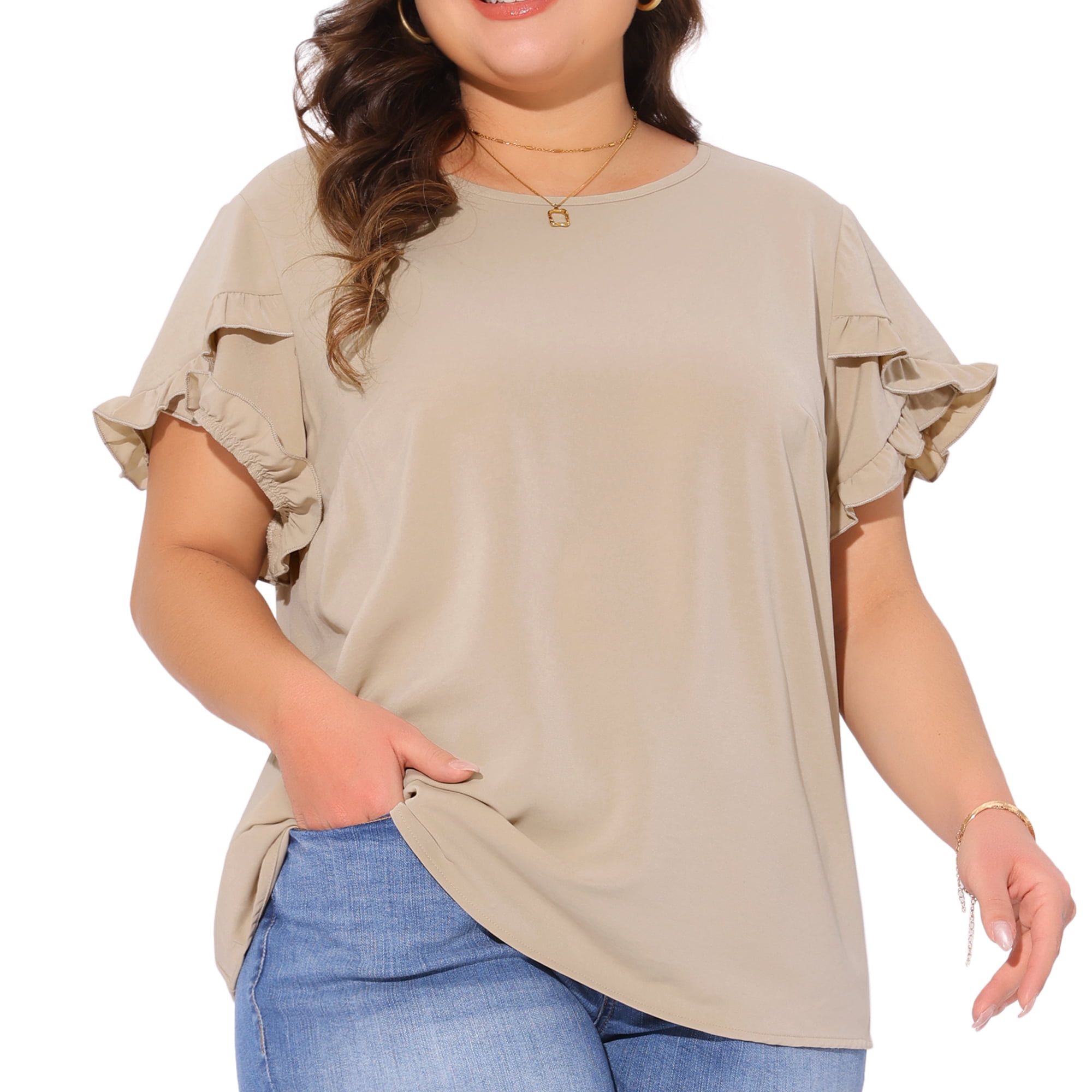 DARING DIVA Women's Plus Crew Neck Ruffle Blouse 1X Deep Apricot