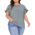 thumbnail image 1 of DARING DIVA Women's Plus Crew Neck Ruffle Blouse 1X Gray Blue, 1 of 6