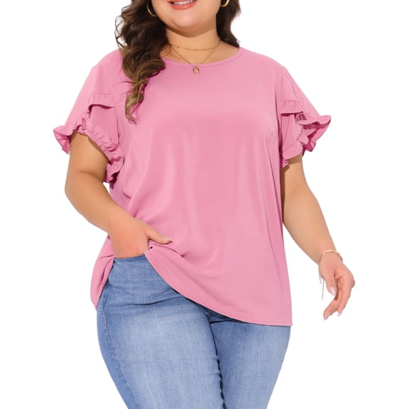 DARING DIVA Women's Plus Crew Neck Ruffle Short Sleeve Blouse 1X Pink