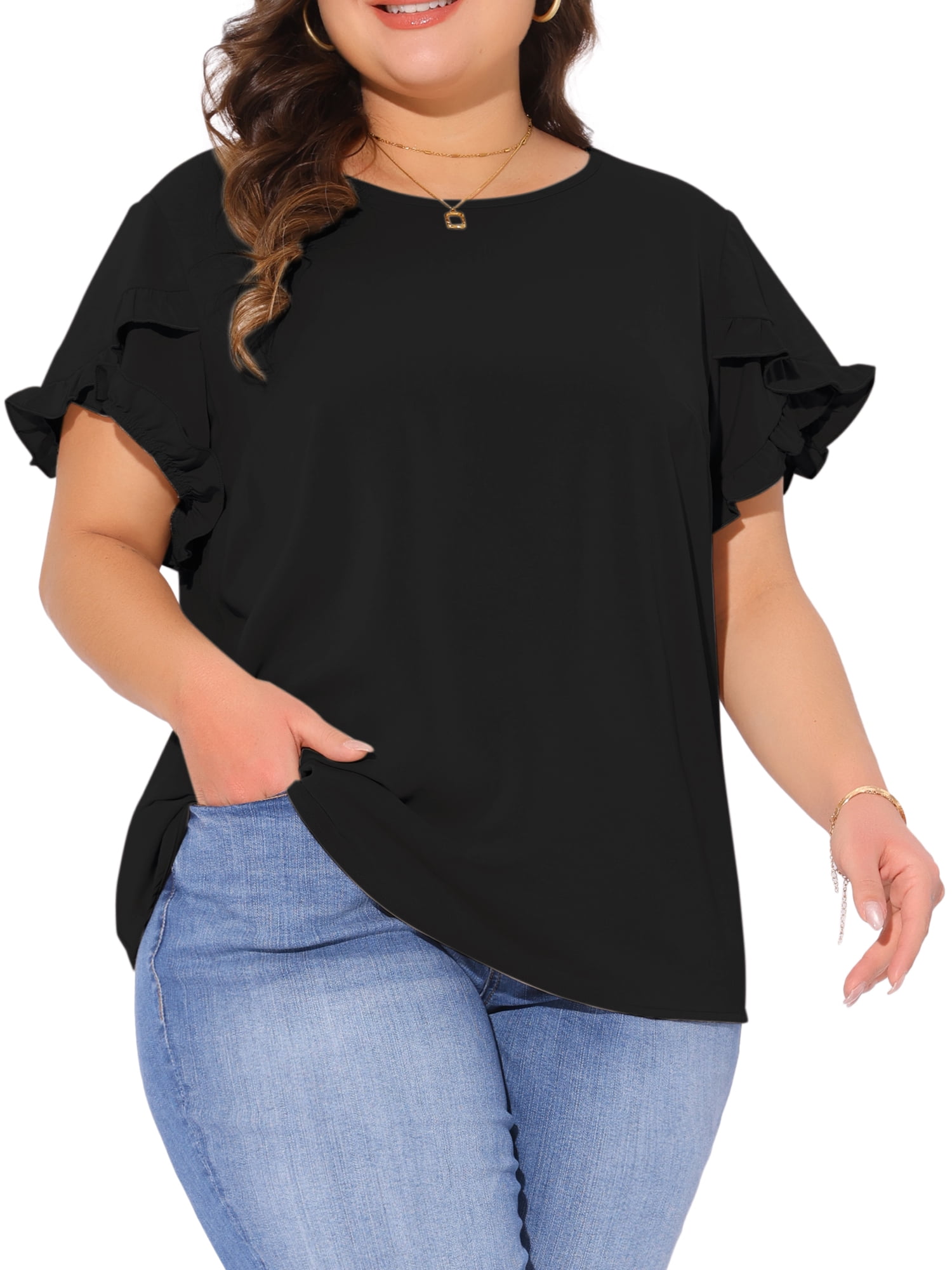 DARING DIVA Women's Plus Crew Neck Ruffle Blouse 2X Black