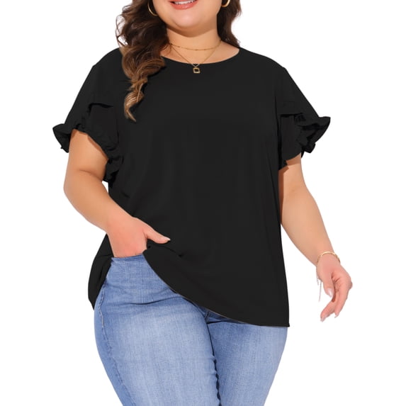 DARING DIVA Women's Plus Crew Neck Ruffle Blouse 2X Black