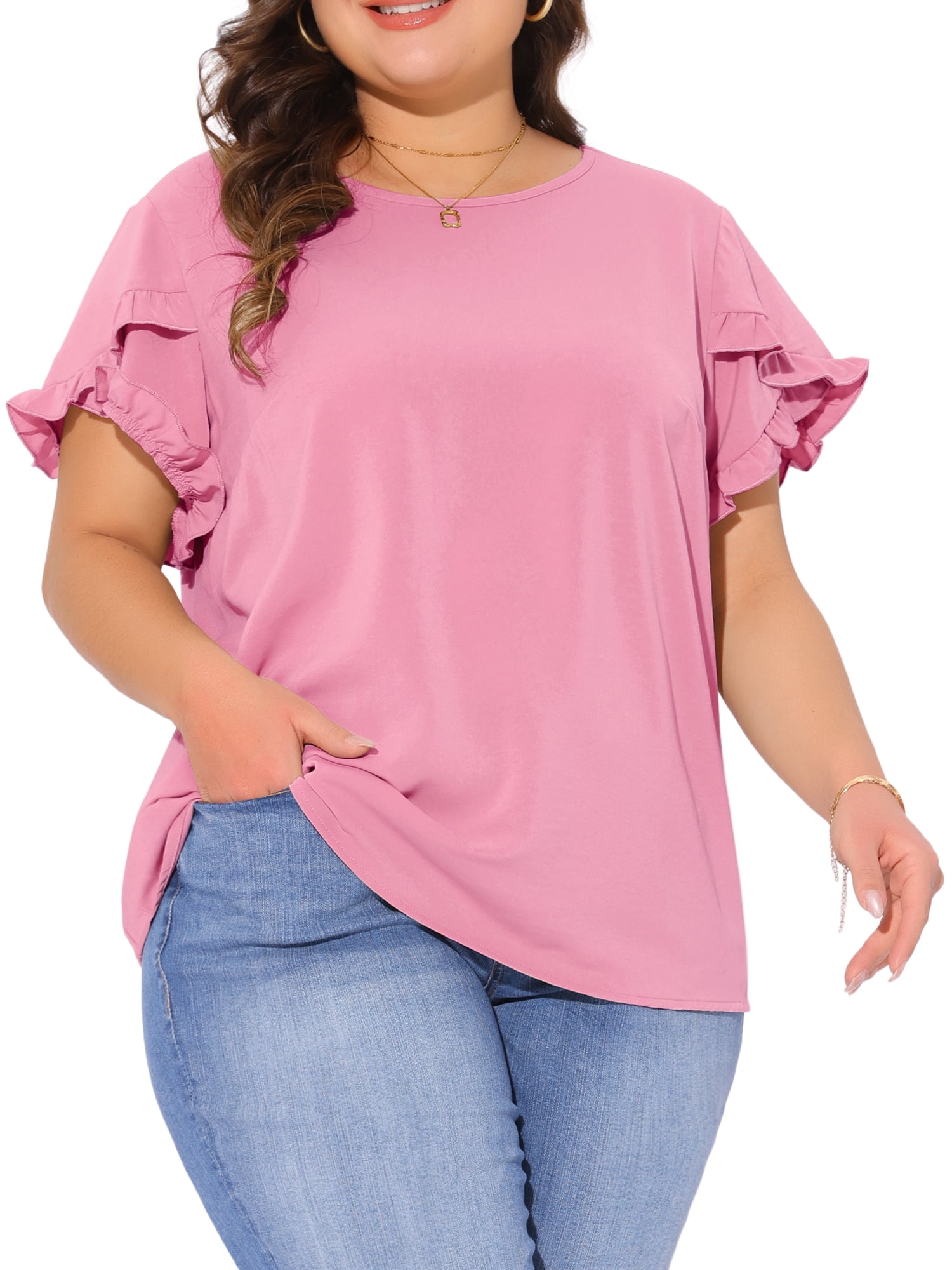 DARING DIVA Women's Plus Crew Neck Ruffle Blouse 3X Pink