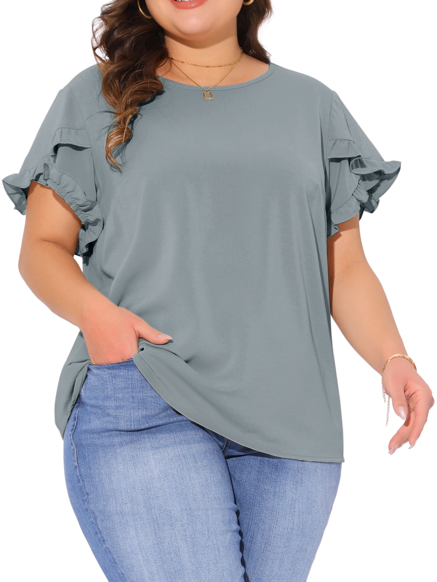 DARING DIVA Women's Plus Crew Neck Ruffle Blouse 4X Gray Blue